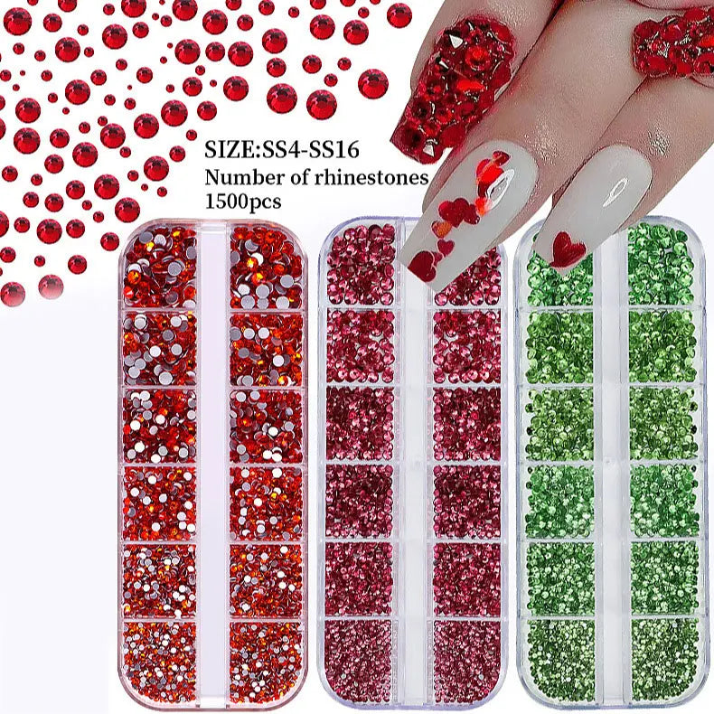 2400pcs+ Shiny Clear Crystal Gems Nail Rhinestones 1.5-4mm Mixed Round Glass Stone Flatback Nail Charms 12grids Nail Diamond DIY