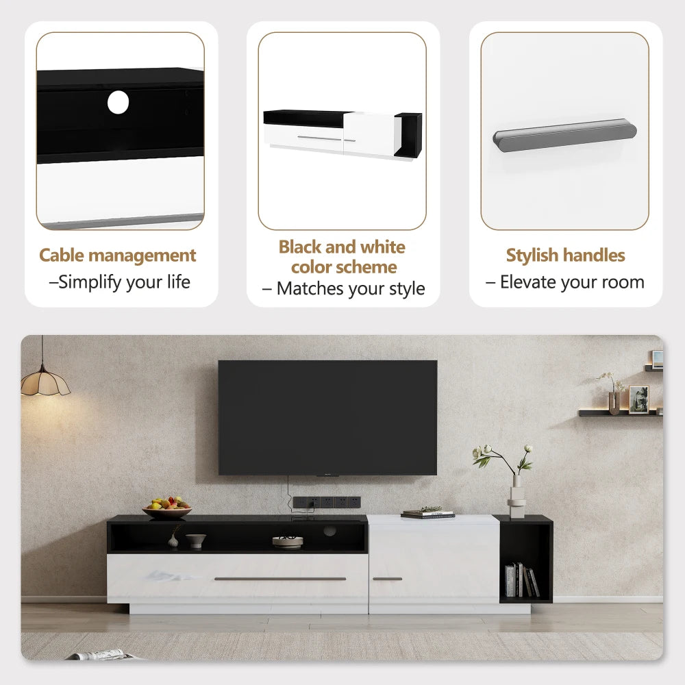PINGGO 70 Inch High Gloss TV Stand, Entertainment Center for 60 to 70 Inch TVs with 2 Closed Storage Spaces,Living Room TV Stand