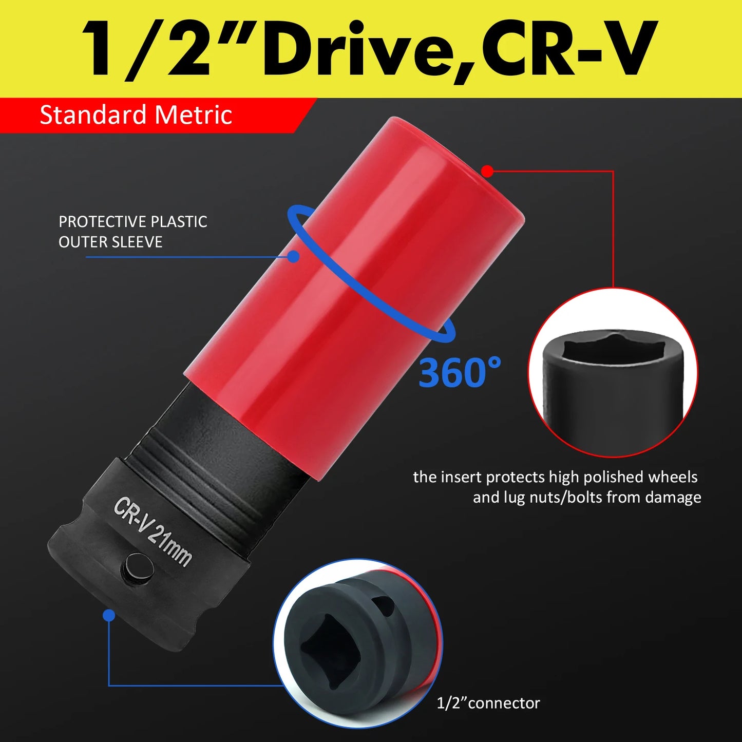 1/2" Drive Lug Nut Socket Set Drive Wheel Socket Auto Repair Protector Impact Sleeve Set 15mm, 17mm, 19mm, 21mm, and 22mm