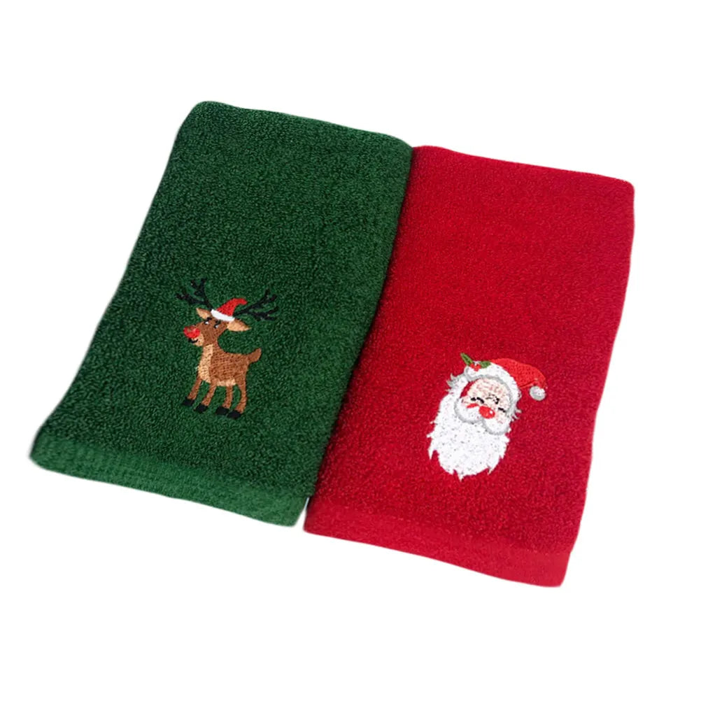 2Pcs Christmas Cartoon Face Towel Pure Cotton Embroidered Xmas Towel for Kids Holiday Gift Soft Absorbent Facial Cloth