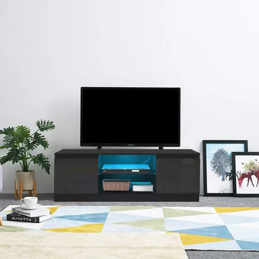 LED TV Unit Cabinet Stand for 55 Inch TV, Modern High Gloss TV Cabinet with RGB LED Lights, 2 Door Storage Sideboard Entertainm