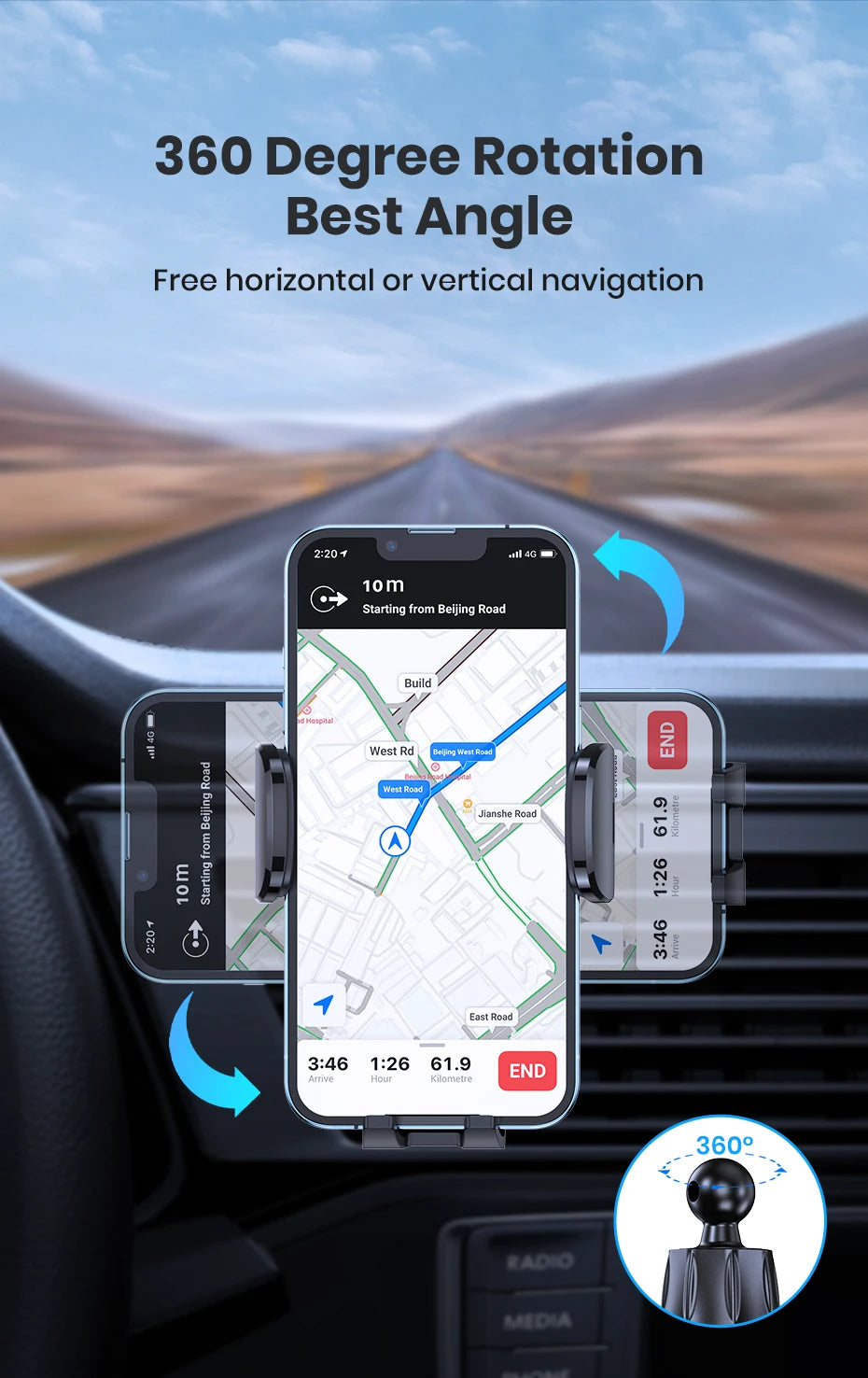 TOPK D35-S Car Phone Holder, Universal Phone Mount for Car with Hook Clip Air Vent Car Mount 360° Rotation for Mobile Phones