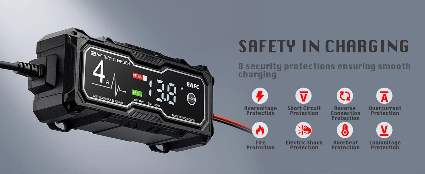 12V 4A Smart Car Battery Charger for Car Automatic Float Charger Motorcycle Lawn Mower Tractor Lead-acid AGM GEL Toy Battery