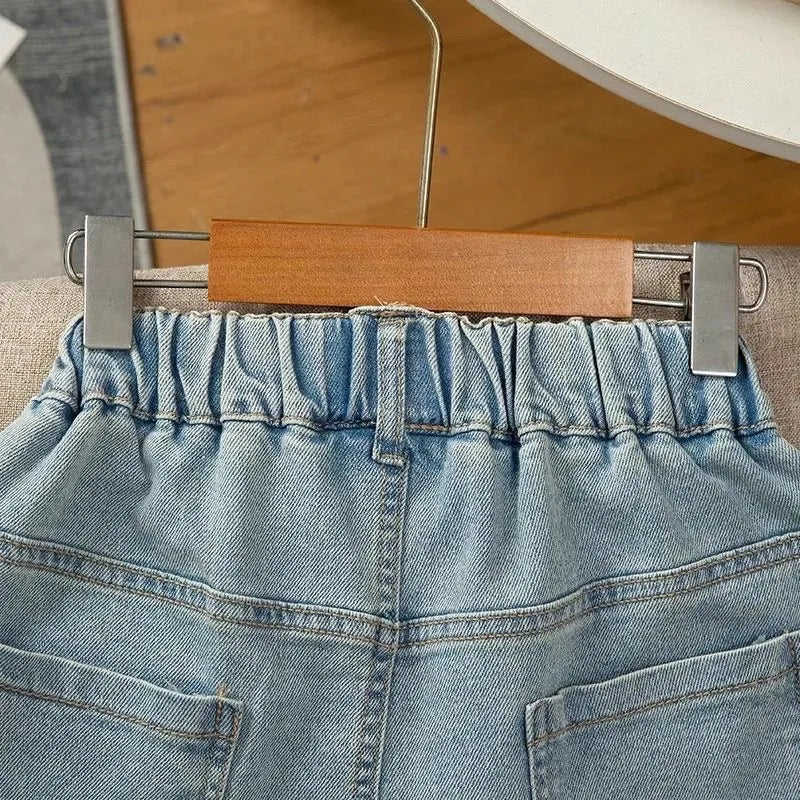 New Summer Girls Shorts Jeans Fashion Embroidery Bow Short Denim Pants For 2-12 Years Kids Clothes Children Cotton Trousers