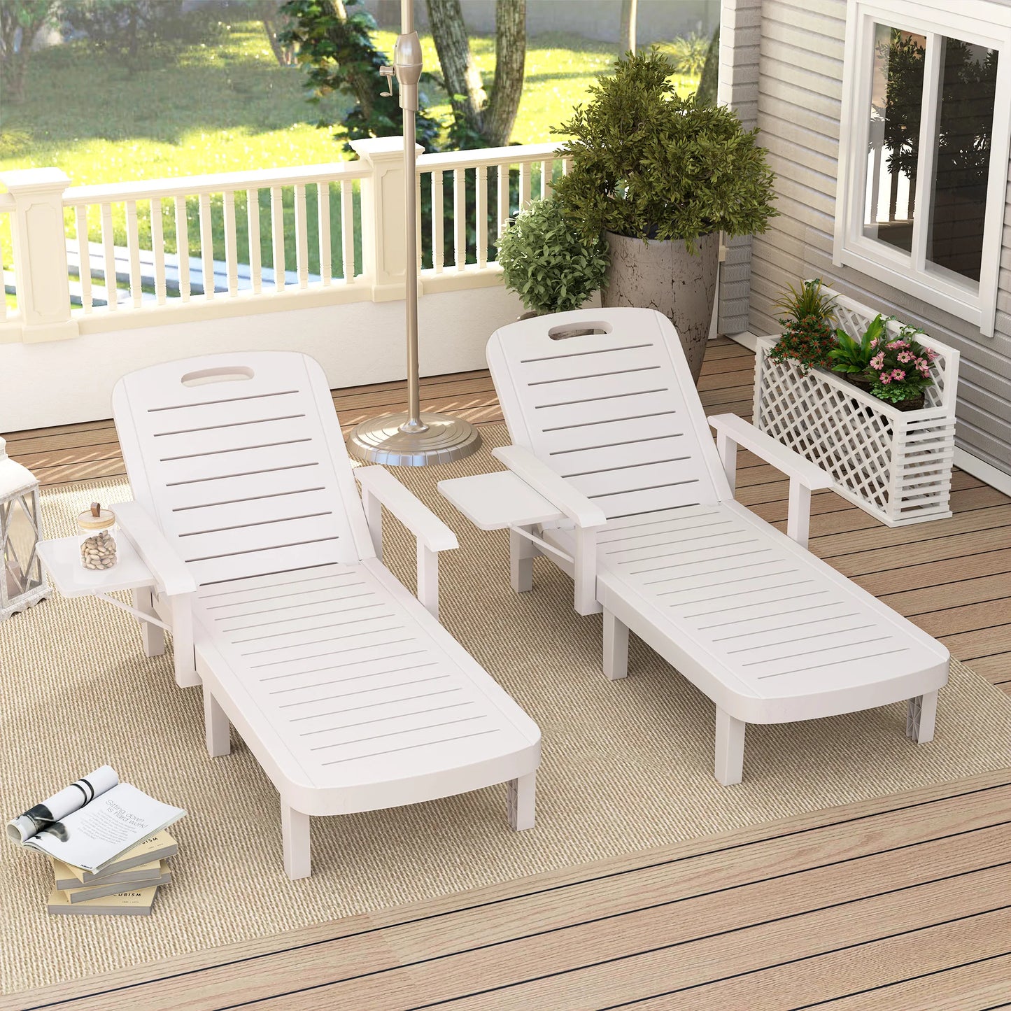 Outsunny Set of 2 Resin Reclining Sun Loungers for Garden, 5 Positions Adjustable Outdoor Chaise Lounge Chairs