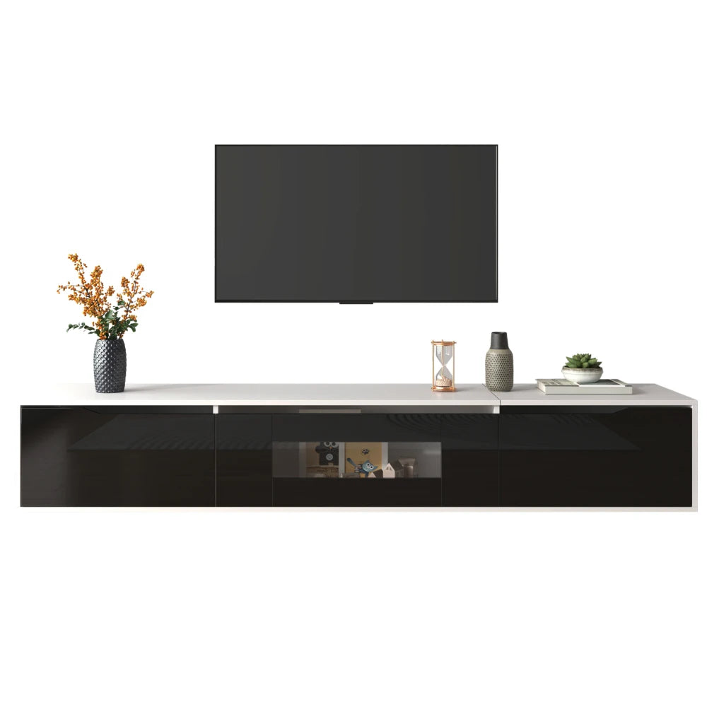 PINGGO TV cabinet, high-gloss TV cabinet, matching colours in white and high-gloss black, with colour-changing LED lights