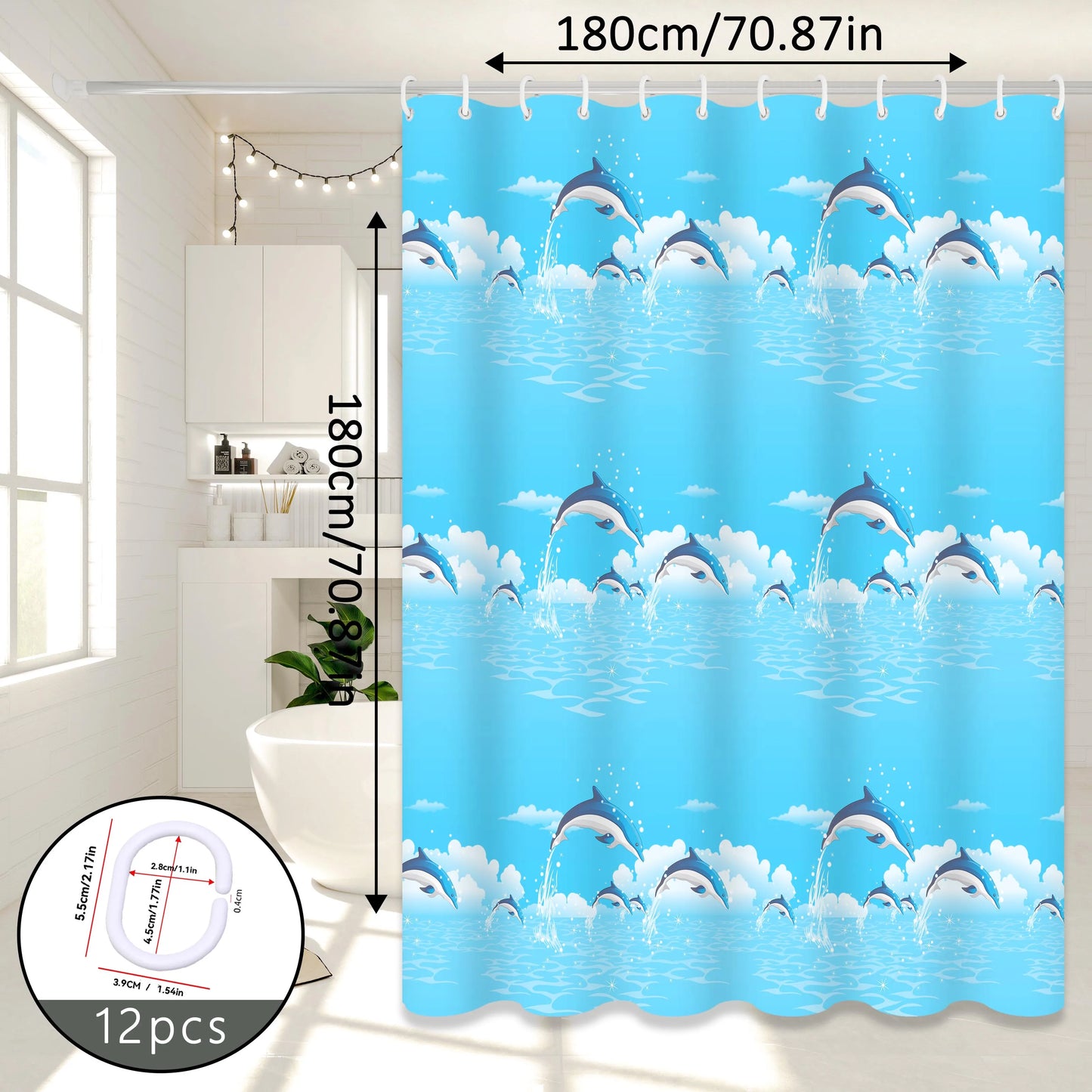 Dolphin Print Cartoon Shower Curtain, Ocean-Themed Bathroom Curtain, Cute Bathroom Curtain for Parent-Child Room