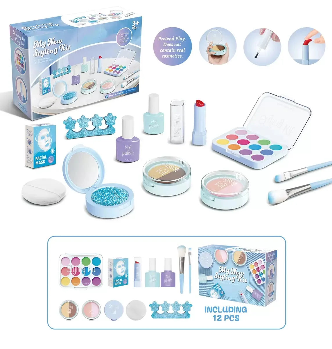 Girl’s pretend home make-up set: faux manicure, lip color, eye shadow, non-washable princess-themed cosmetics and toys.