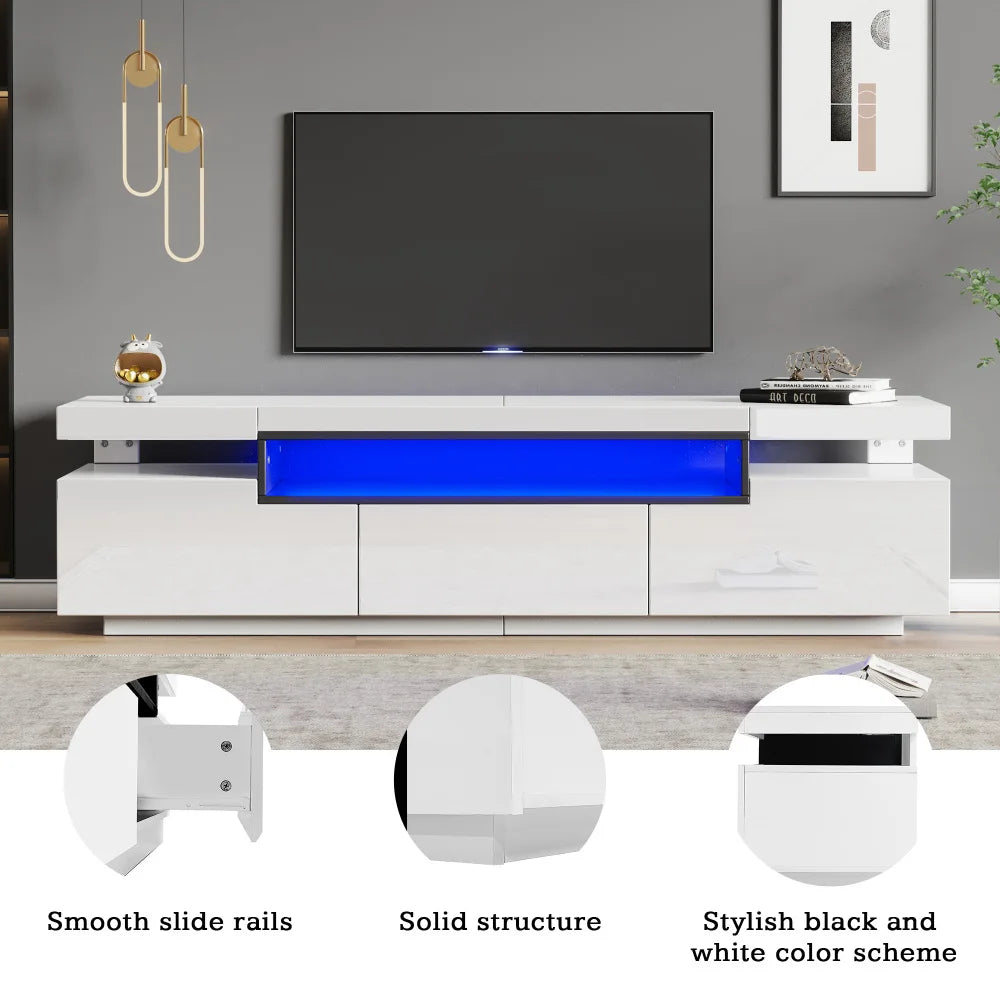 PINGGO TV Stand Cabinet for 70-inch TV High Gloss TV Stand Unit with LED Lights 160CM, 3 Drawers, 3 Open Storage Space