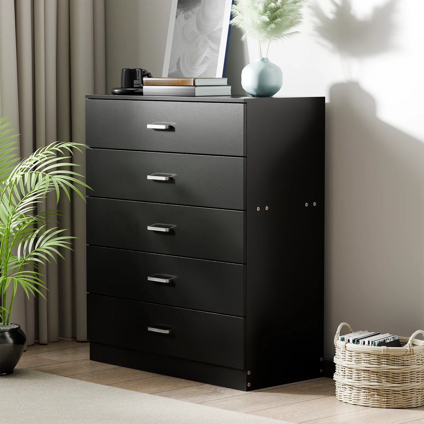 5 Drawer Chest White, Wood Storage Cabinet Dresser for Bedroom, Hallway, Closet Organizer, Modern Furniture (75x36x90cm)