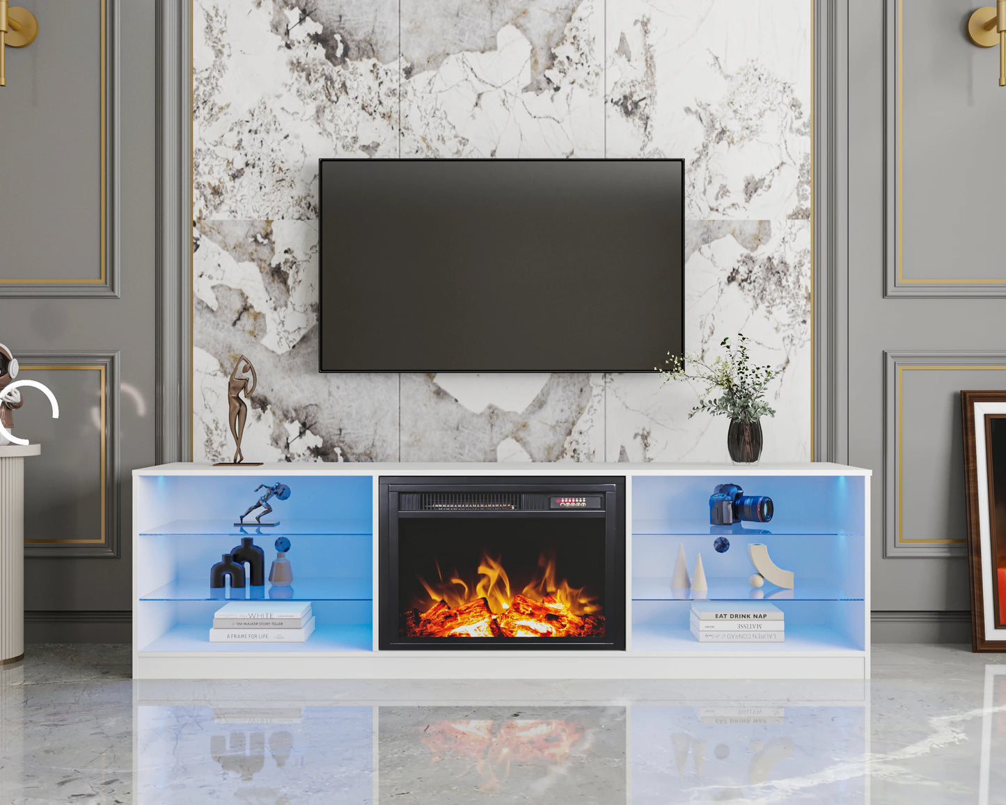 Floating Fireplace Tv Stand Modern High Gloss 72" Entertainment Center Wall Mounted Electric Fireplace Tv Media Console