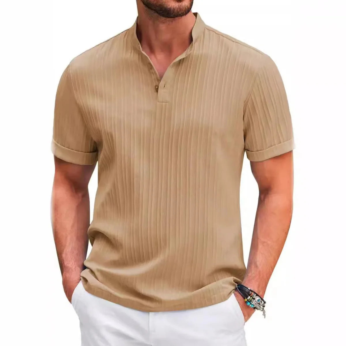 Hawaiian Men's Retro Cotton And Linen Henry Shirt Casual Loose With Sporty Stand-up Collar Buttons 2026 New Men's Casual Shirt