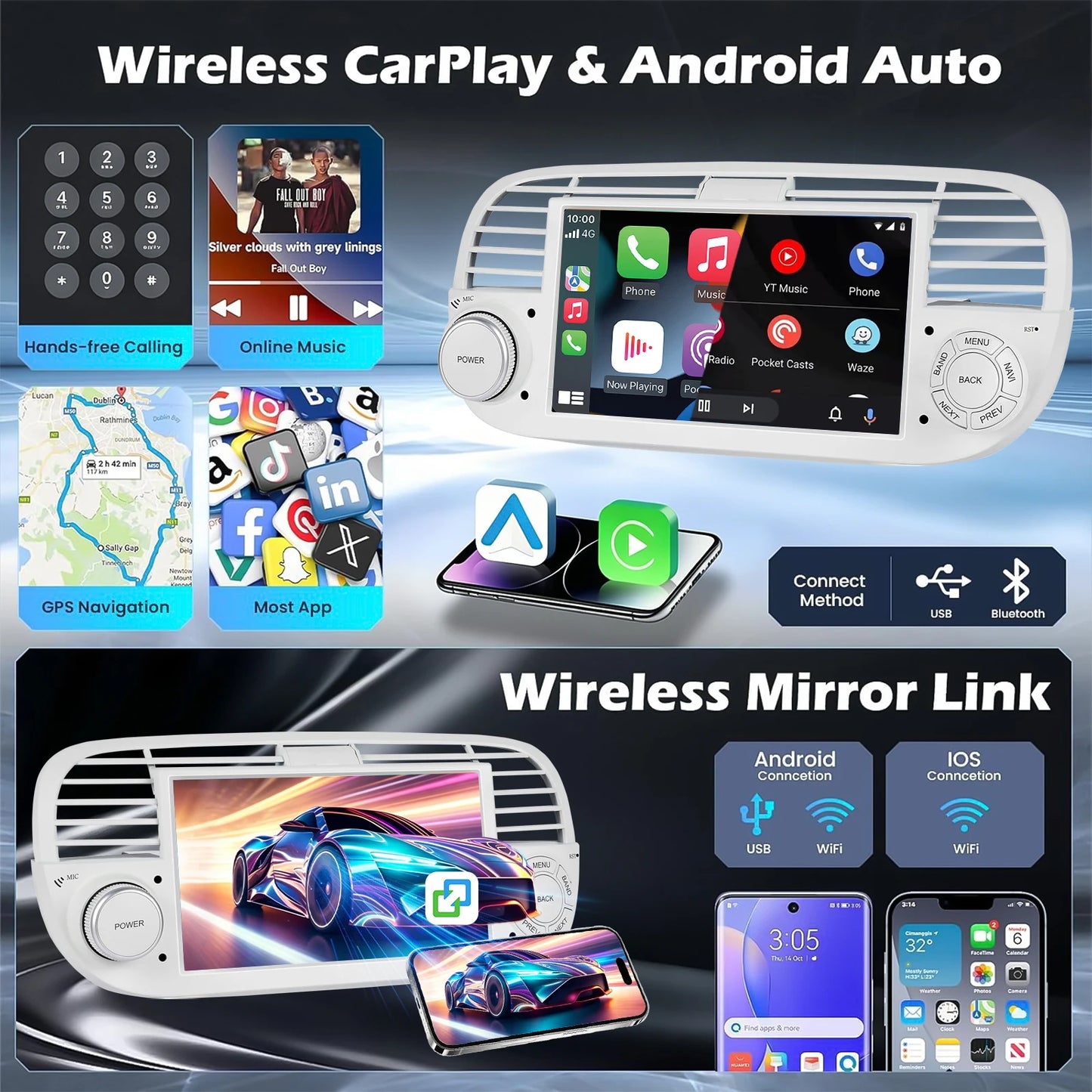 ESSGOO 7" 4+64G Android 15 For Fiat 500 2007-2015 Car Stereo Radio Wireless Carplay Android Auto GPS Navigation Bluetooth FM SWC Wifi RDS ASP IPS Touchscreen Mirror Link Multimedia Video Player