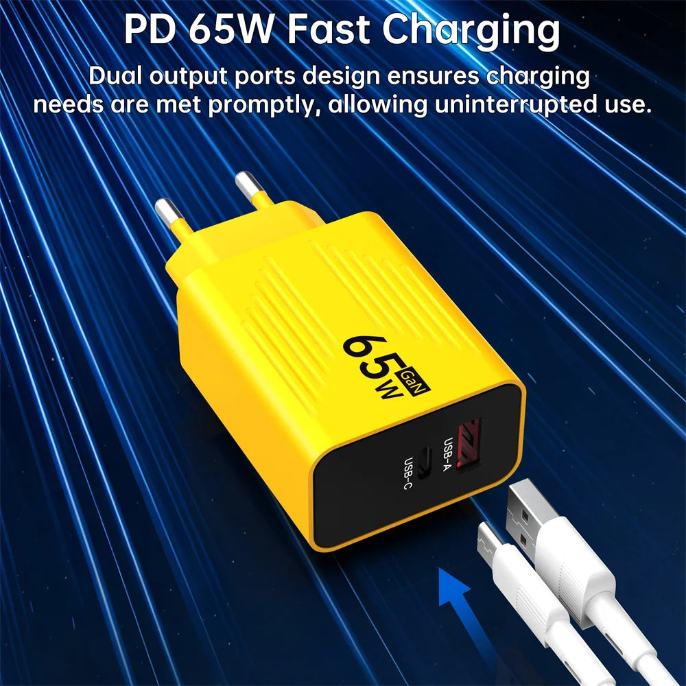 65W GaN USB C Fast Charger PD QC 3.0 Travel Wall Adapter with UK US EU Plug for iPhone Samsung Xiaomi Huawei Mobile Phone
