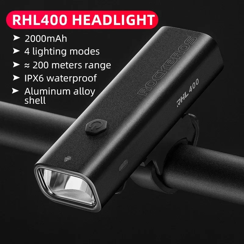 ROCKBROS Bike Light Rainproof Type-C Charging LED 2000mAh MTB Front Lamp Headlight Aluminum Ultralight Flashlight Bicycle Light
