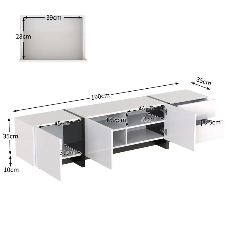 190x45x35cm High-Gloss White & Black TV Stand, Low Cabinet with Doors (Built-in Shelves) & Drawers, Contrast Black Legs Minimali