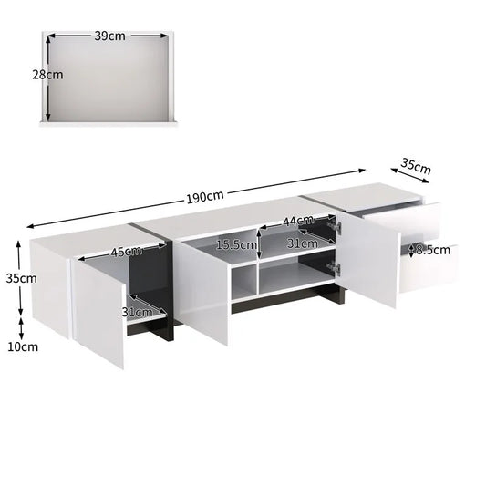 190x45x35cm High-Gloss White & Black TV Stand, Low Cabinet with Doors (Built-in Shelves) & Drawers, Contrast Black Legs Minimali