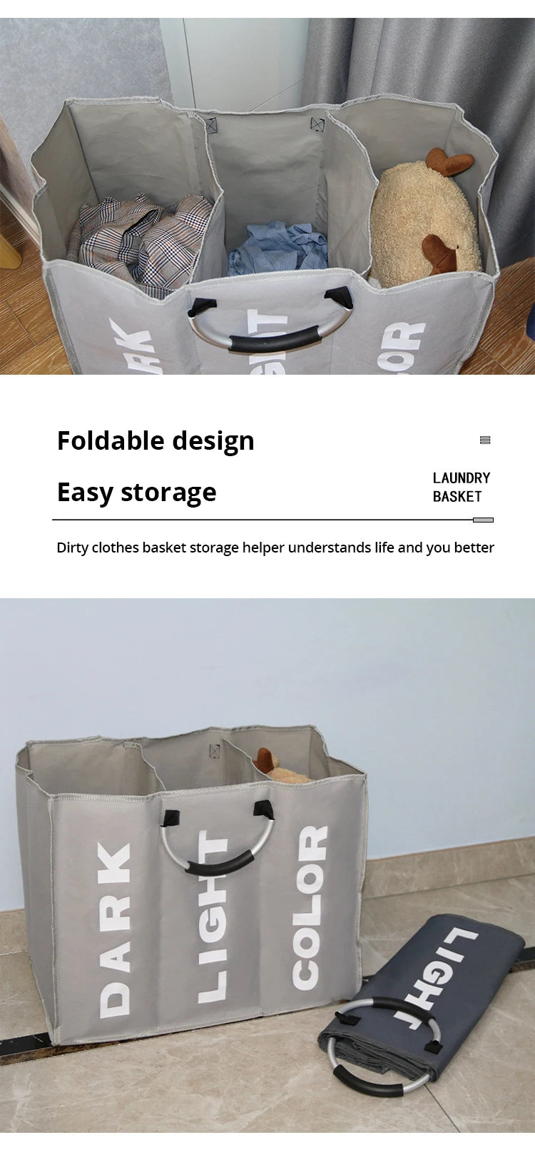 1pc 3 Grids Foldable Laundry Basket Bag Dirty Clothes Laundry Hamper Waterproof Oxford Durable Fabric Dirty Storage Basket