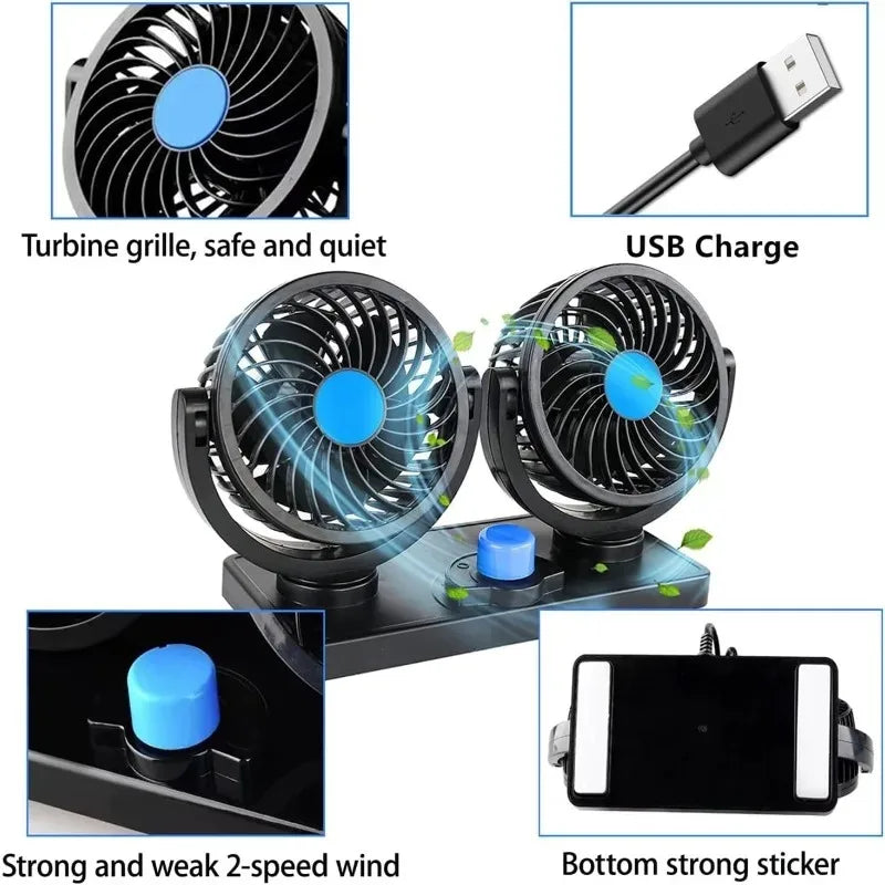 Professional Dual Fans 360 Rotation Multi Angle Cooling Fan for Sedan RV Truck Boat Vehicles Camping Office Desk Use Accessory