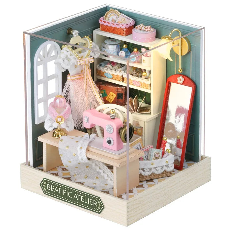 Wooden Miniature Doll House DIY Handmade Assembly Model Building Kit With Dust Cover 3D Puzzle Dollhouse Toys Birthday Gifts