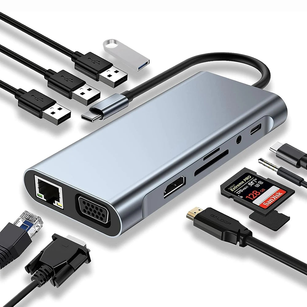 11-in-1 USB C Hub Multiport Adapter USB C Docking Station with 4K HDMI-compatible,VGA 1080P,100W PD, Ethernet,SD/TF,Audio,USB-A