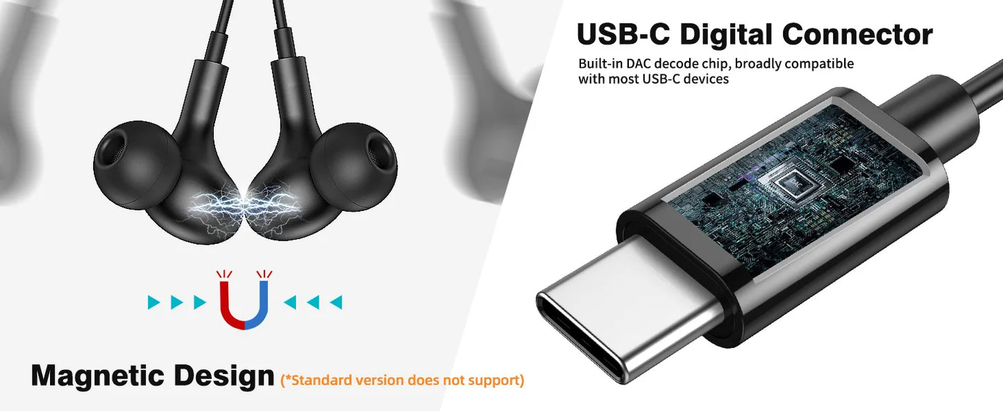 USB C Headphone for Samsung Galaxy S24 S25 S26 Ultra A17 A54 Magnetic Wired Earbuds Noise Canceling in Ear Earphones with Mic