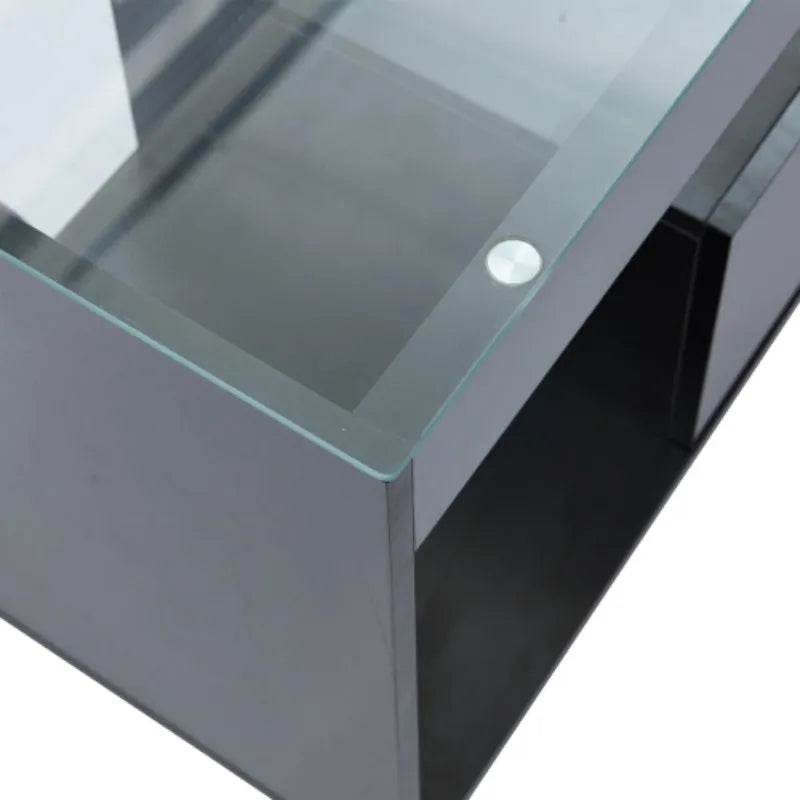 High Gloss TV Stand with 2 Drawers,glass tabletop,TV Cabinet Storage Sideboard with LED lights,open storage,Holds TVs up to 80"