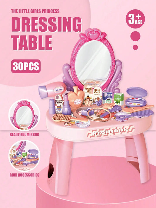 Kids Princess Vanity Dressing Table Toy Set with Mirror&30Pcs Makeup Accessories, Pretend Hair Dryer Cosmetic Kit,Gift for Girls
