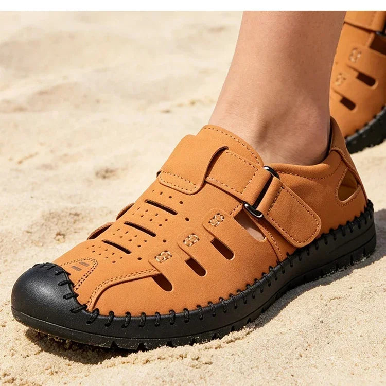 Men's Summer Hollow out Comfortable Breathable Slip-On Leather Shoes Anti-Slip Soft Bottom Outdoor Casual Loafers-1375