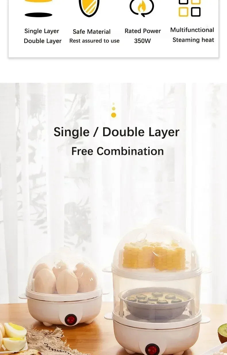 Multifunctional Electric Egg Cooker Steamer - Double Layer for Boil, Poach, Steam Eggs & Veggies, Compact Breakfast Appliance