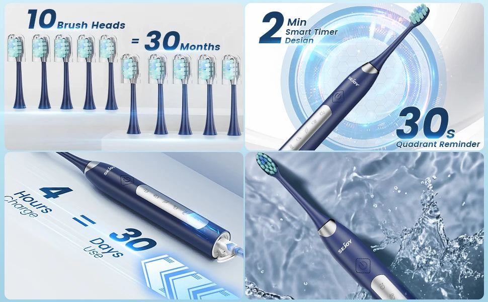Sejoy Electric Sonic Toothbrush with 10 pcs Replacement Heads Rechargeable Waterproof Tooth Brushes for Home Travel