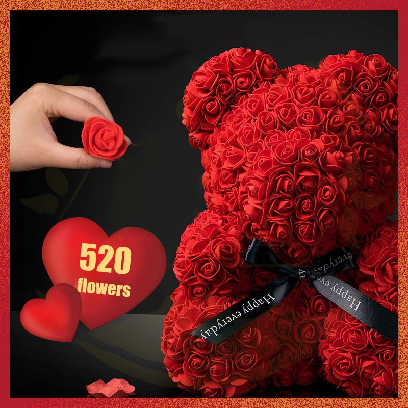 Rose Bear With Box Lights Valentine Gifts Decoration Artificial Flower Teddy Bear for Women/Girlfriend Love Flower Birthday Gift
