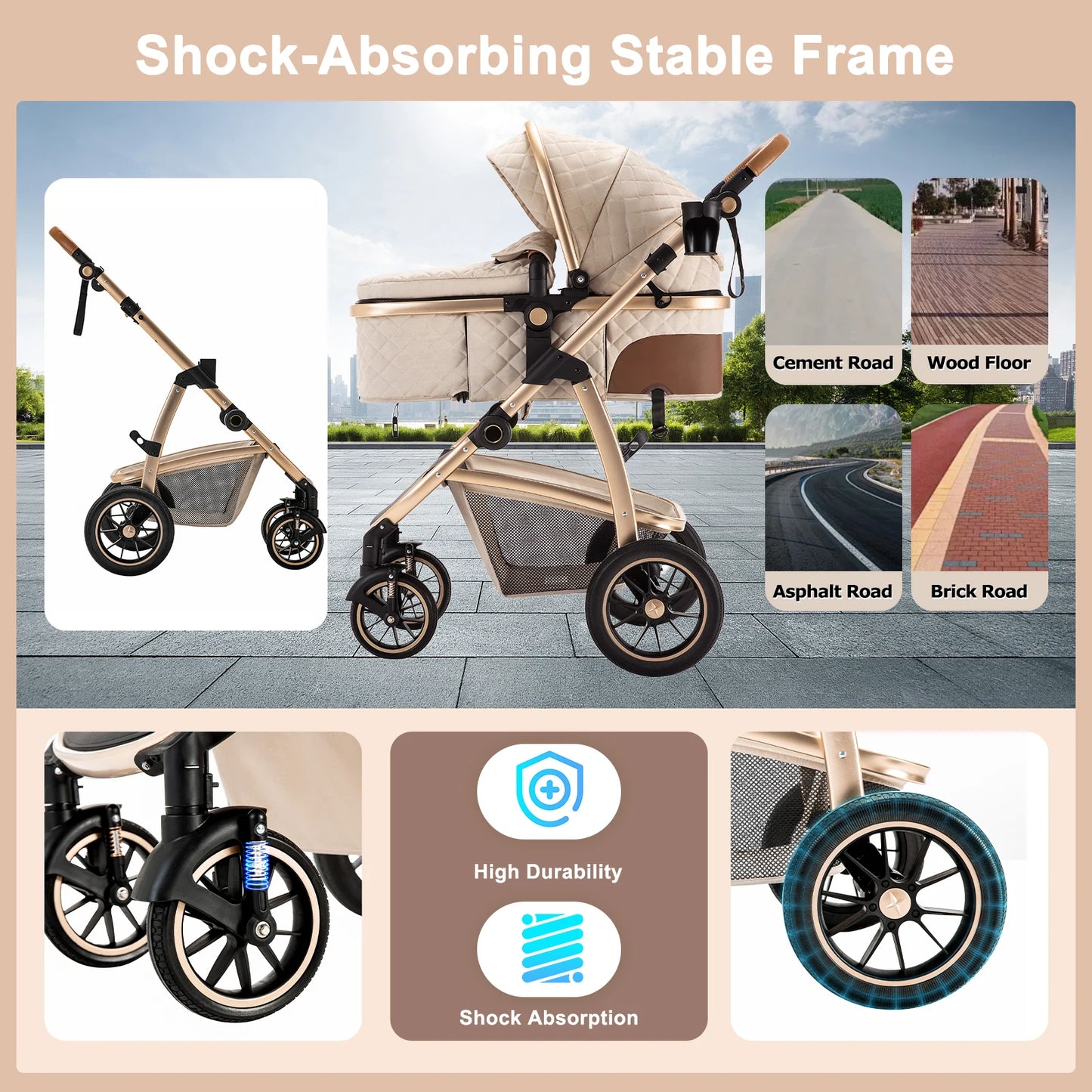 3 in 1 Prams Travel System, Pushchair with Height Adjustable Handle, Travel Pram with Mosquito Net, Baby Stroller with Aluminum