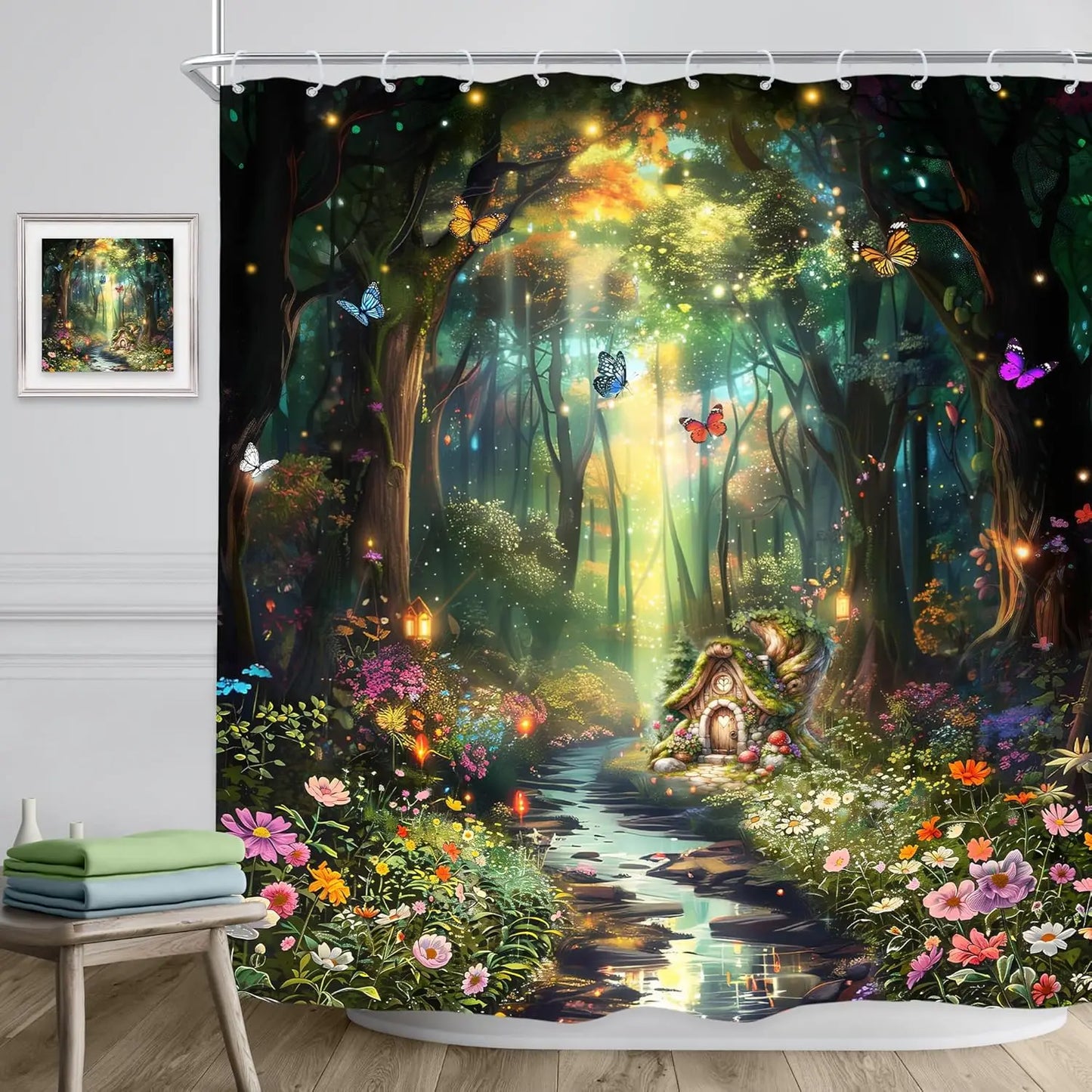 Fantasy Shower Curtain Fairy Beautiful Wonderland Woodland Tree Wildflower Floral Garden Butterfly Plant Tale Nature Bathroom