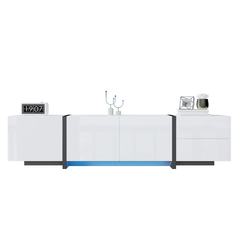 PINGGO TV cabinet, white high-gloss cabinet and black contrasting table legs, with simple cabinet doors and drawers.