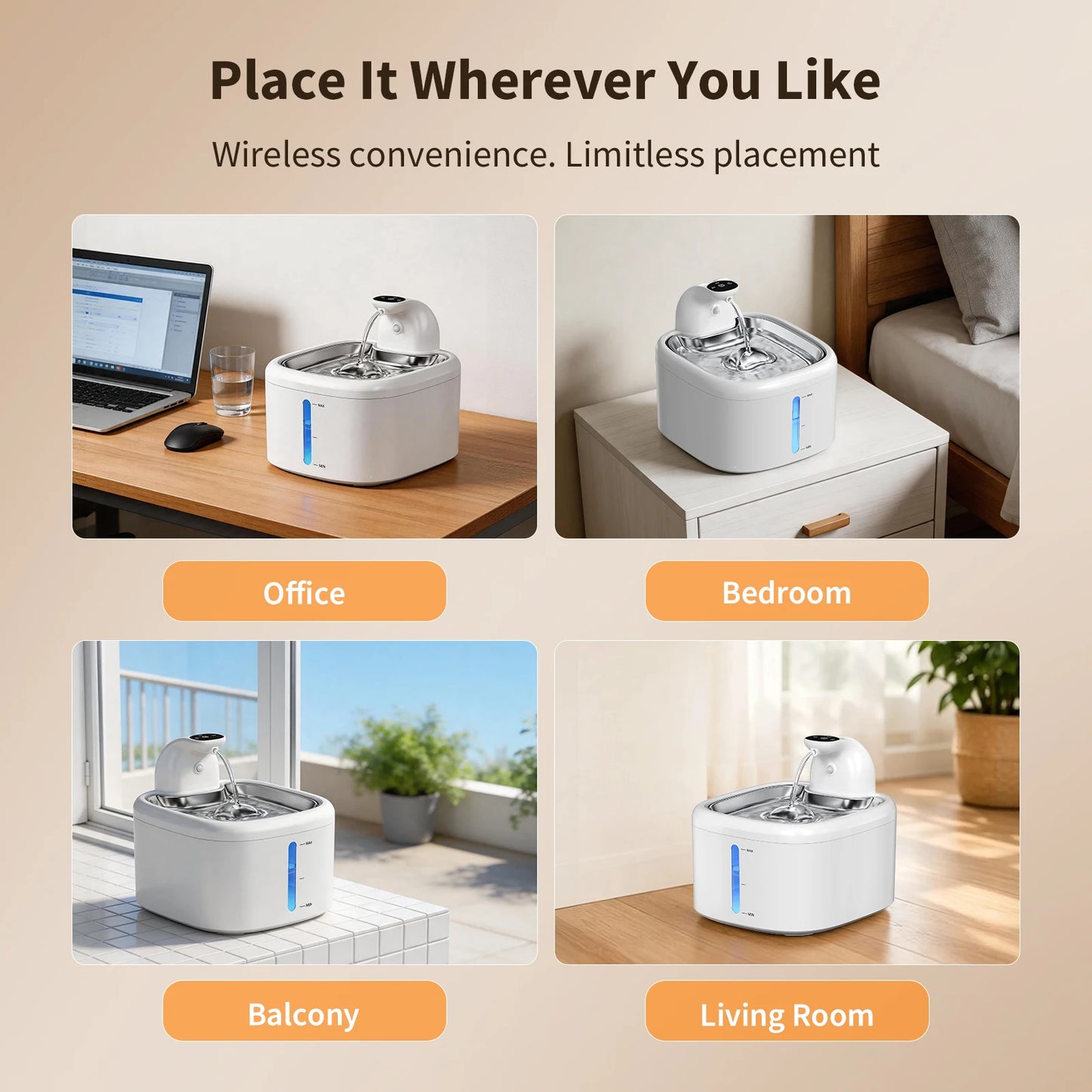 3.5L Cat Water Fountain Wireless Pet Water Dispenser With Stainless Steel Pallet 4000mAh Battery Motion-Sensing Water Dispensing
