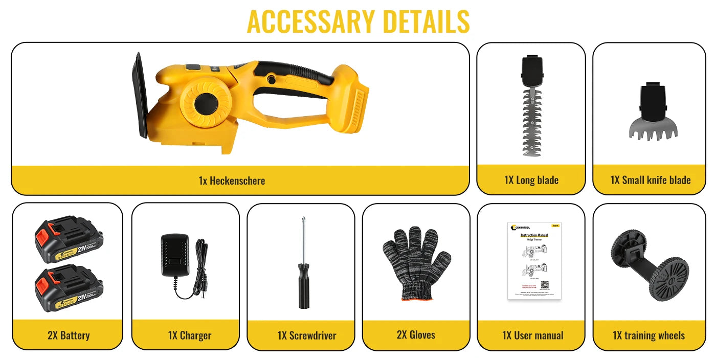 CONENTOOL 2in1 21V Cordless Hedge Trimmer 20000RPM 9 Inch Electric Shrub Pruning Shears Grass Cutter for Makita 18V Battery Pin
