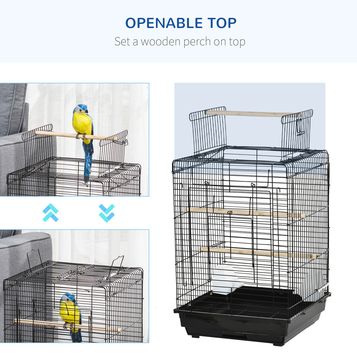 PawHut Steel Bird Cage with Openable Top, Stand, Tray, Handles, Feeding Bowls for Parakeet Cockatiel - Black