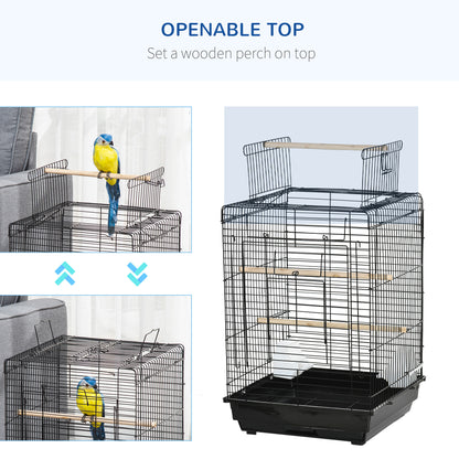 PawHut Steel Bird Cage with Openable Top, Stand, Tray, Handles, Feeding Bowls for Parakeet Cockatiel - Black