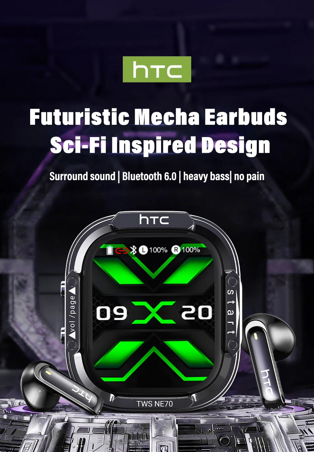 HTC NE70 Bluetooth V6.0 Headphones Smart Touchscreen Wireless Earphones AI Translator Earbuds Gaming Earbuds HD Bass