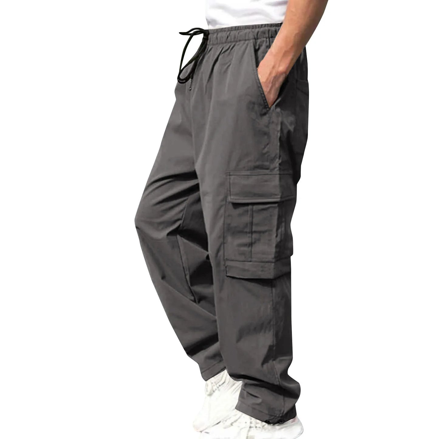 Men Loose Cargo Pants Summer Male High Elastic Waist Zip Pocket Straight Full Trousers BFDZ-A717