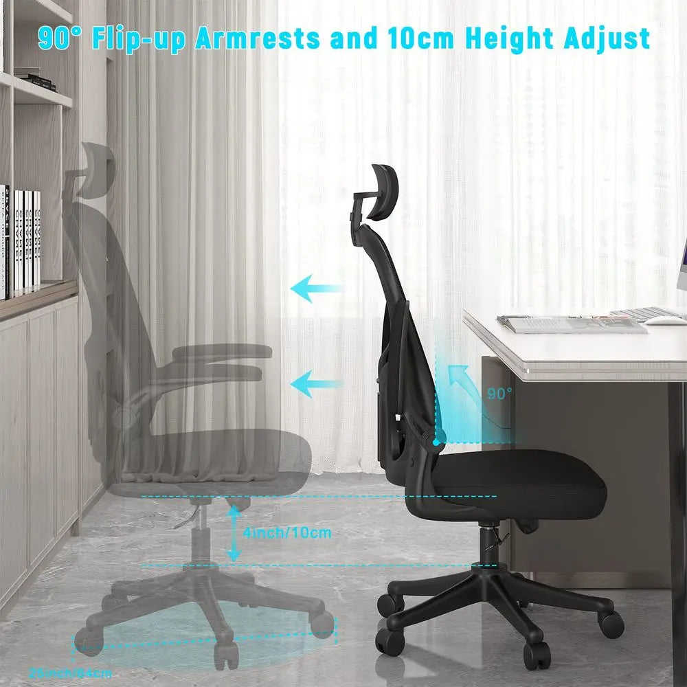 Office Desk Chair with FlipUp Armrest High Back Ergonomic Computer Chair with Adjustable Headrest and Lumbar Support Executive