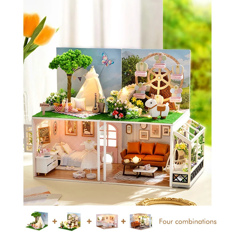 DIY Wooden Miniature Doll House Small House Kit 3D Puzzle Assembly Building Kits With Furniture LED Dollhouse Toys For Gifts