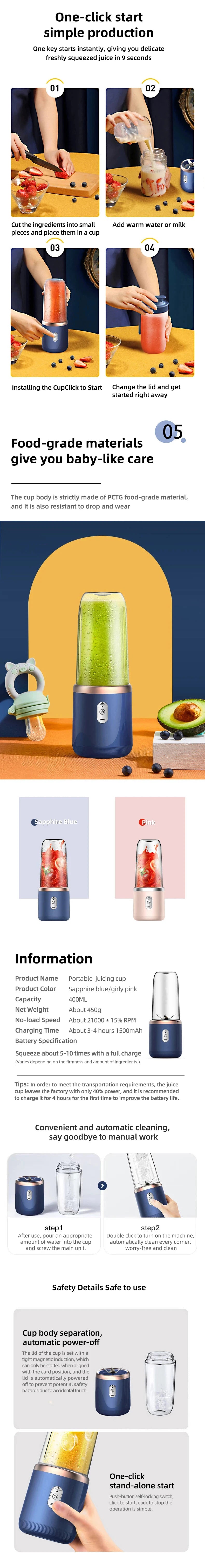Portable Handheld USB Personal Mini Juicer Cup with Single Or Double Cups for Travel Blender for Water Bottles