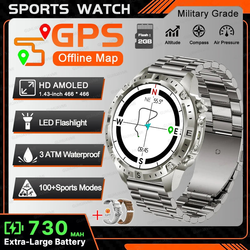 New TANK Military GPS Offline Map Smart Watch 730mAh 3 ATM Waterproof Sports Compass Heart Rate 2GB HD Bluetooth Call SmartWatch