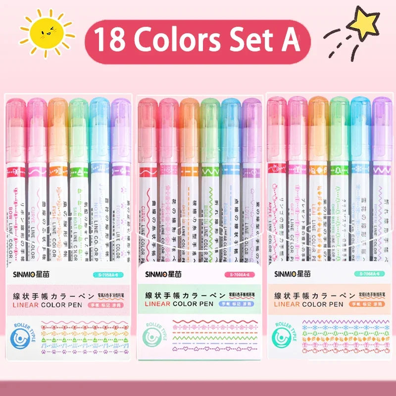 24/3 PCS Kawaii Flowers Line Shaped Highlighter Pens Roller Tip Curve Liner Marker for Writing Journaling Drawing Stationery