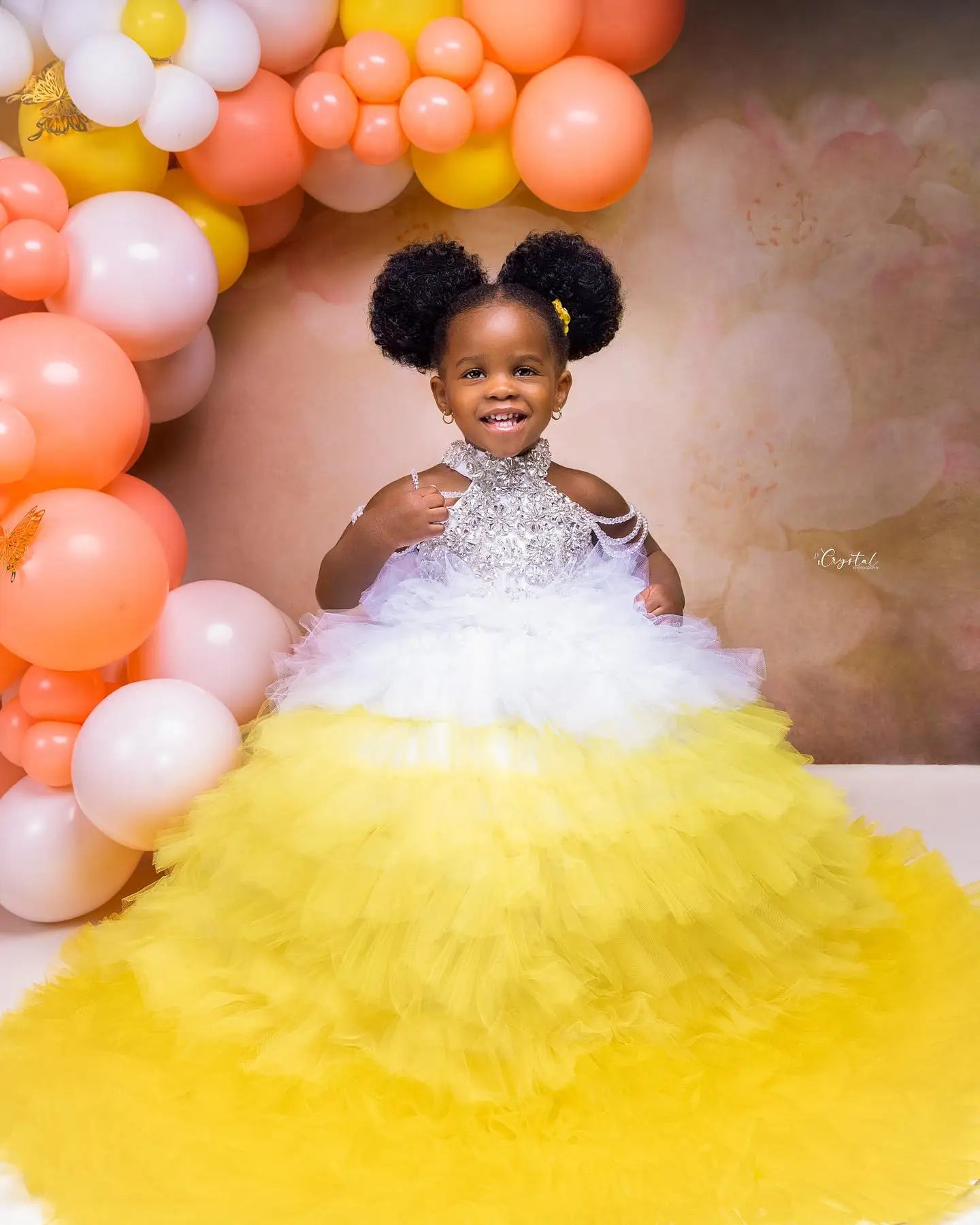 Luxury Girls Birthday Dresses Customized White & Yellow Tiered Tulle Flower Girl Dresses for Wedding Party Baby Girls Prom Gowns