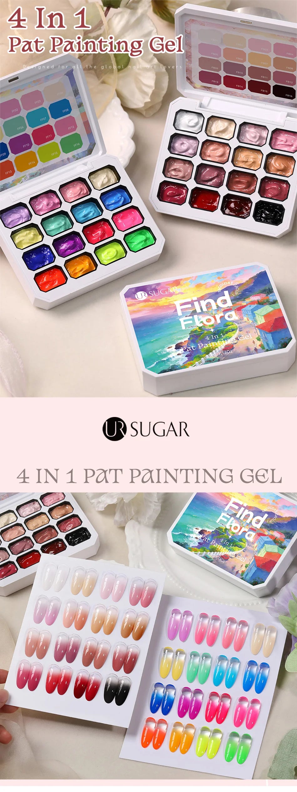 UR SUGAR 4 in 1 16 Colors Pat Painting Gel For Gradient  Stamping Drawing Pattern UV/LED  Gradient Patting Gel Palette