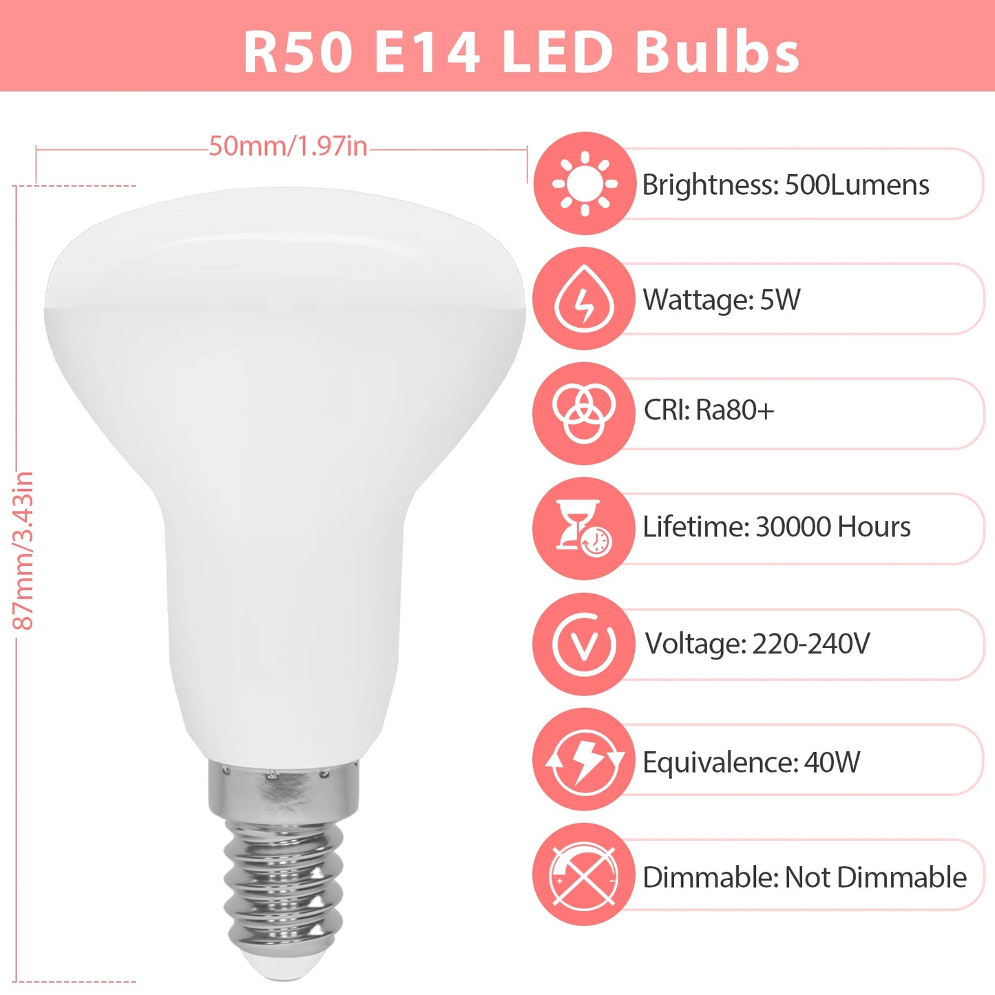 6PCS R50 E14 LED Light Bulb AC220V 5W 3000K Warm White 6500K Cool White 500lm 120° Beam Angle LED Spotlight Bulbs