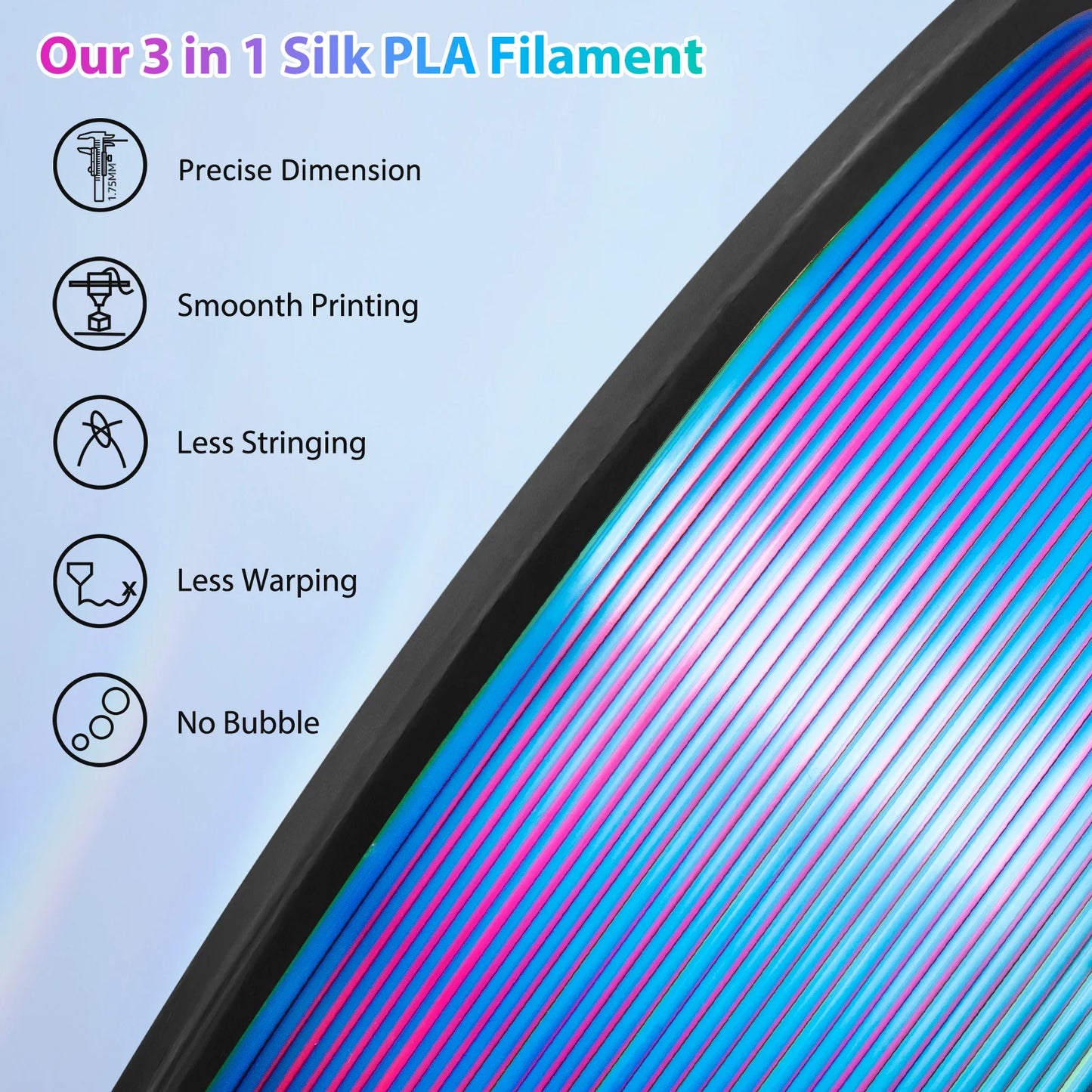 Tricolor Silk PLA 3D Printer Filament, 1.75mm Multicolor 3D Printing Filament, Red&Blue&Green Filament, 250g (0.55lbs)